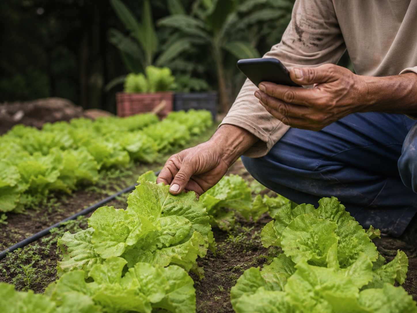 Produtor observa uma alface enquanto consulta informações no celular